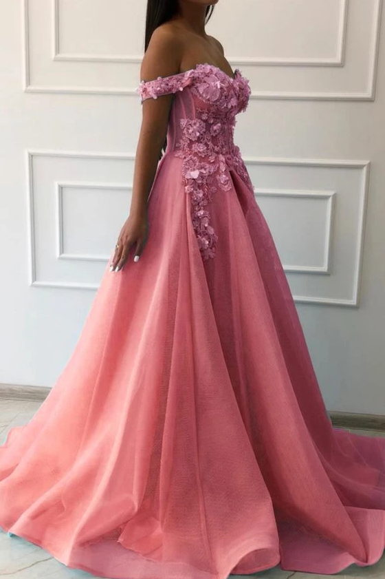 elegant pink tulle prom dresses lace emboridery off the shoulder   cg14927