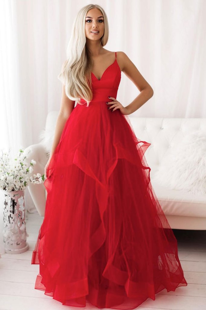 RED V NECK TULLE LONG PROM DRESS RED TULLE EVENING DRESS   cg14996