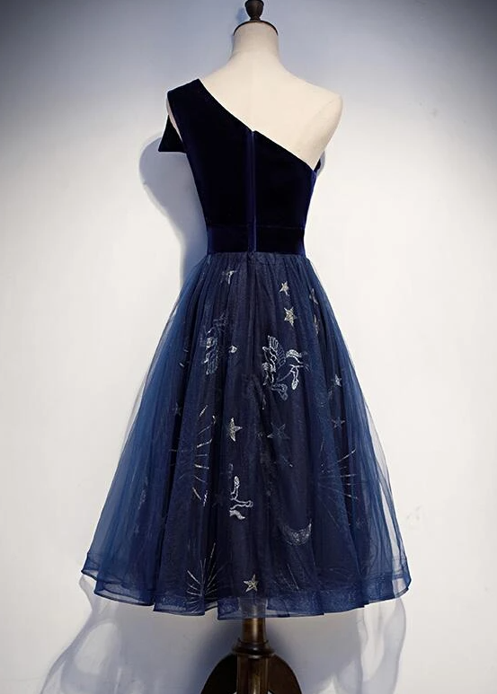 Elegant Navy Blue One Shoulder Bridesmaid Dress, Blue Wedding Party Dresses Prom Dress   cg15009