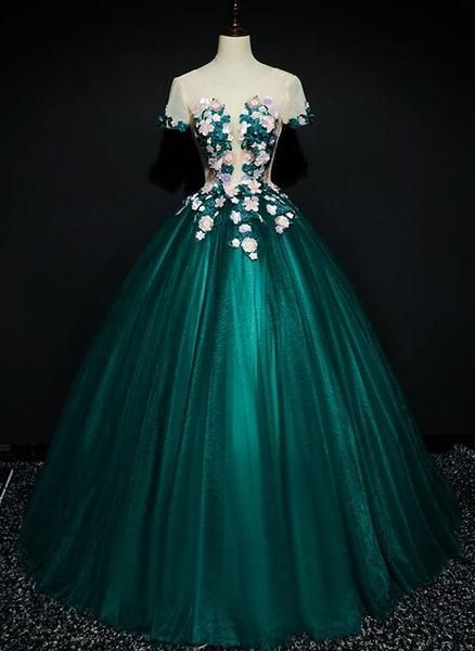 Dark Green Tulle Round Neckline Ball Gown Formal Dress Prom Dress    cg15020