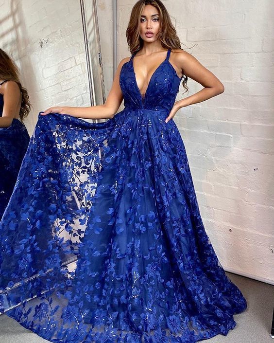 Lace Spaghetti Straps A-line Royal Blue Prom Dress   cg15022