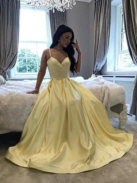 Yellow V Neck Long Satin Prom Dresses, Yellow Long Formal Evening Dress   cg15024