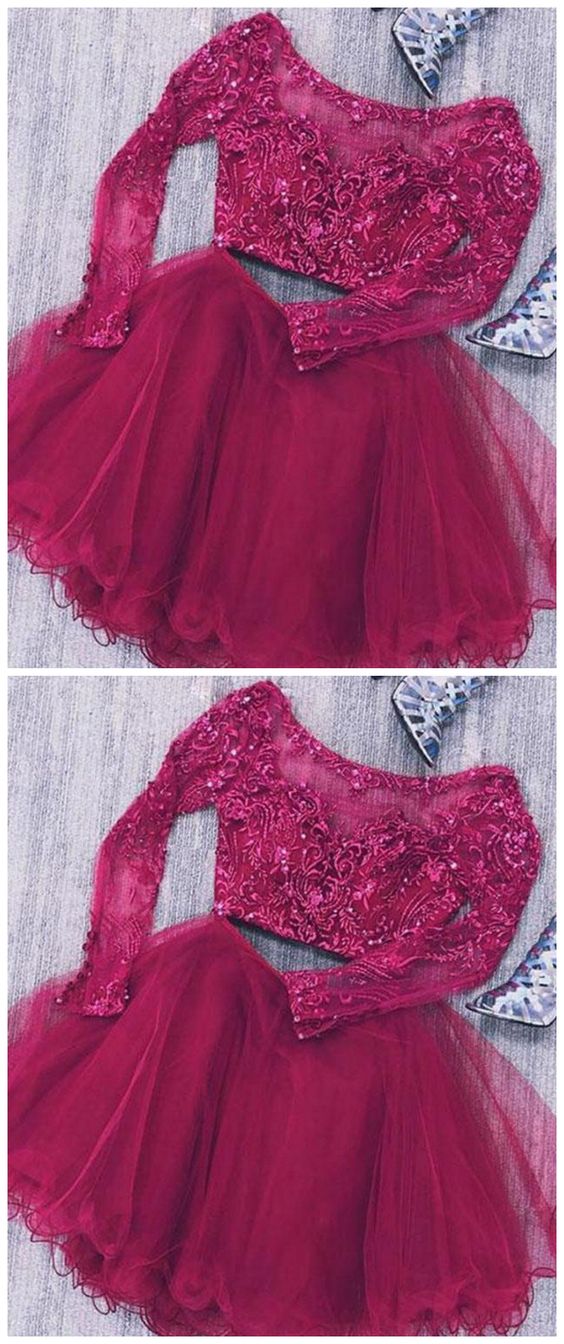 Two Piece Long Sleeves Tulle Short Homecoming Dress with Lace Beads cg1507