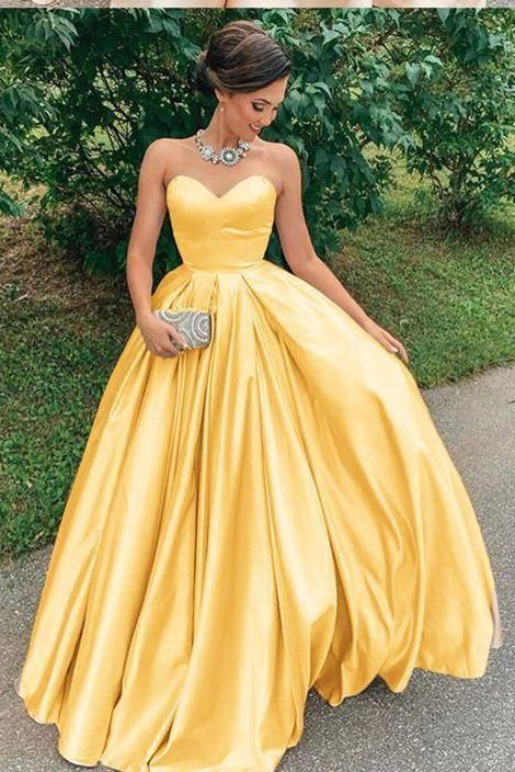 A Line Yellow Satin Prom Dresses, Strapless Sweetheart Sleeveless Party Dresses   cg15151