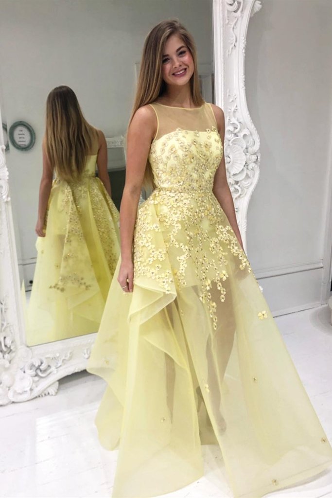 High Low Round Neck Yellow Floral Lace Long Prom Dress, Yellow Lace Formal Dress   cg15173