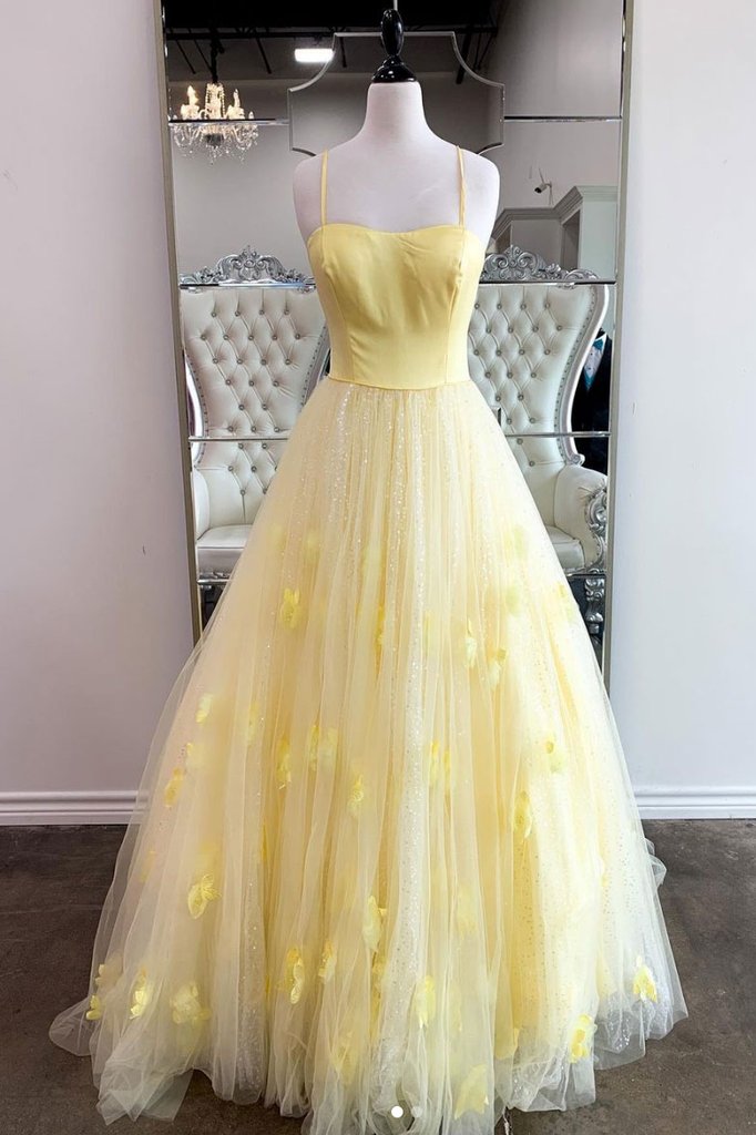 YELLOW TULLE SEQUIN LONG PROM DRESS, YELLOW TULLE FORMAL DRESS   cg15187