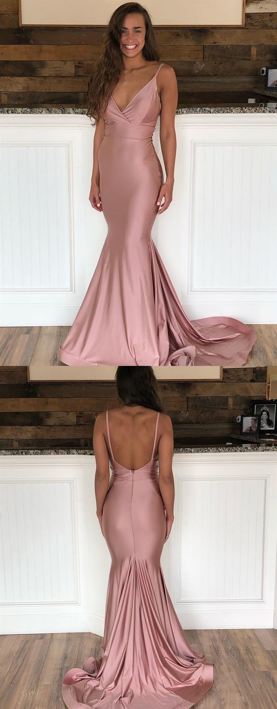 V Neck Mermaid Dusty Pink Prom Dresses with Train   cg15188