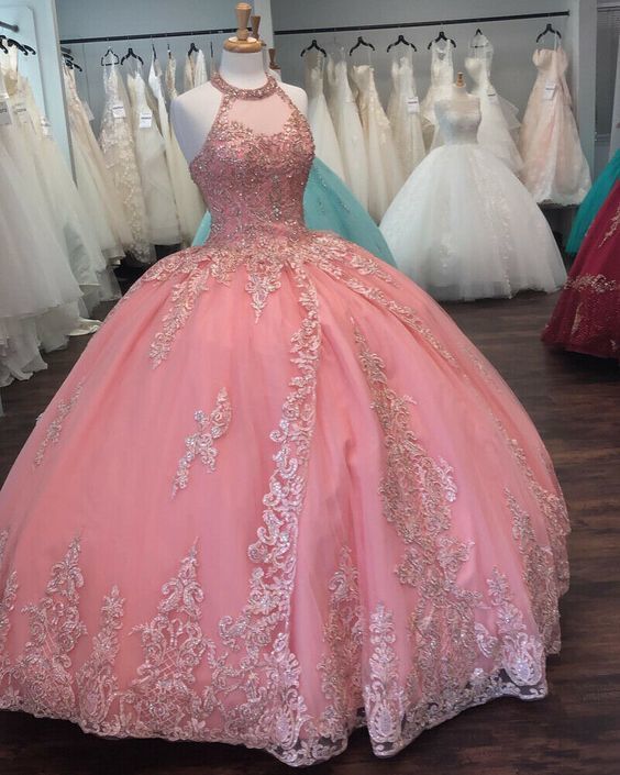 Pink Halter Ball Gown Dress, Lace Prom Dress    cg15224