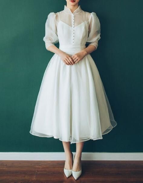 Vintage A-Line Bubble Sleeve Tea Length Wedding Dresses Prom Dress，Evening Dress   cg15271