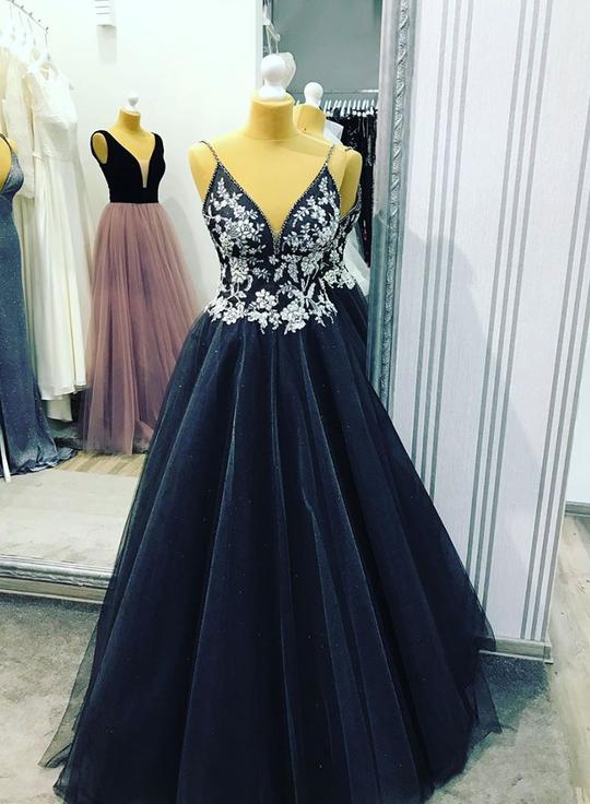 Black v neck tulle lace long prom dress, evening dress cg1554