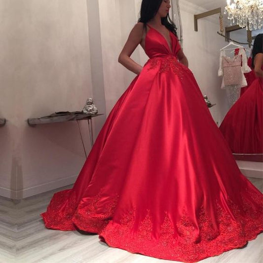 Princess Prom Dresses Deep V-neck Long Satin Ball Gowns Wedding Dresses Lace Appliques   cg15618