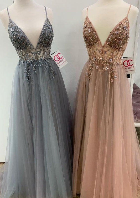 Sexy Straps V Neck Grey Long Evening Dresses, Champagne Prom Dresses Evening Dresses  cg1563