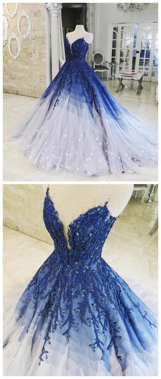 A-line Ombre Prom Dress With Applique Royal Blue Prom Dresses Long Evening Dress  cg1566