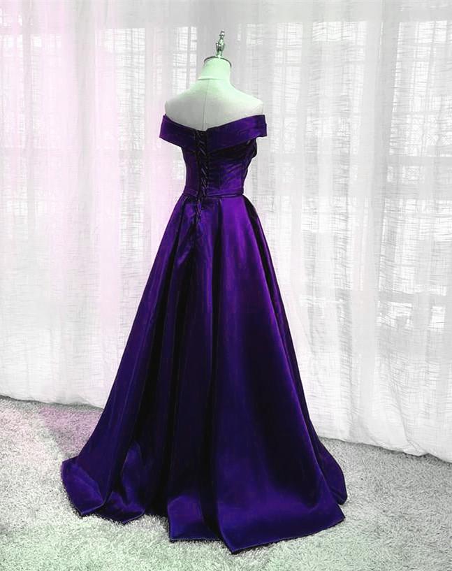 Simple Off Shoulder Satin Long Prom Dress, Dark Purple Party Dress Evening Gown   cg15750