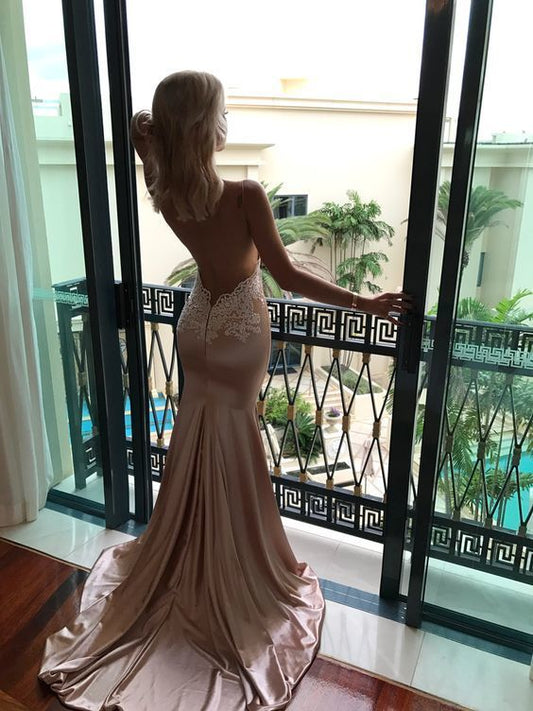 Sexy Mermaid Backless Prom Dress Nude V Neck Long Lace Spaghetti Straps Prom Dresses   cg15929