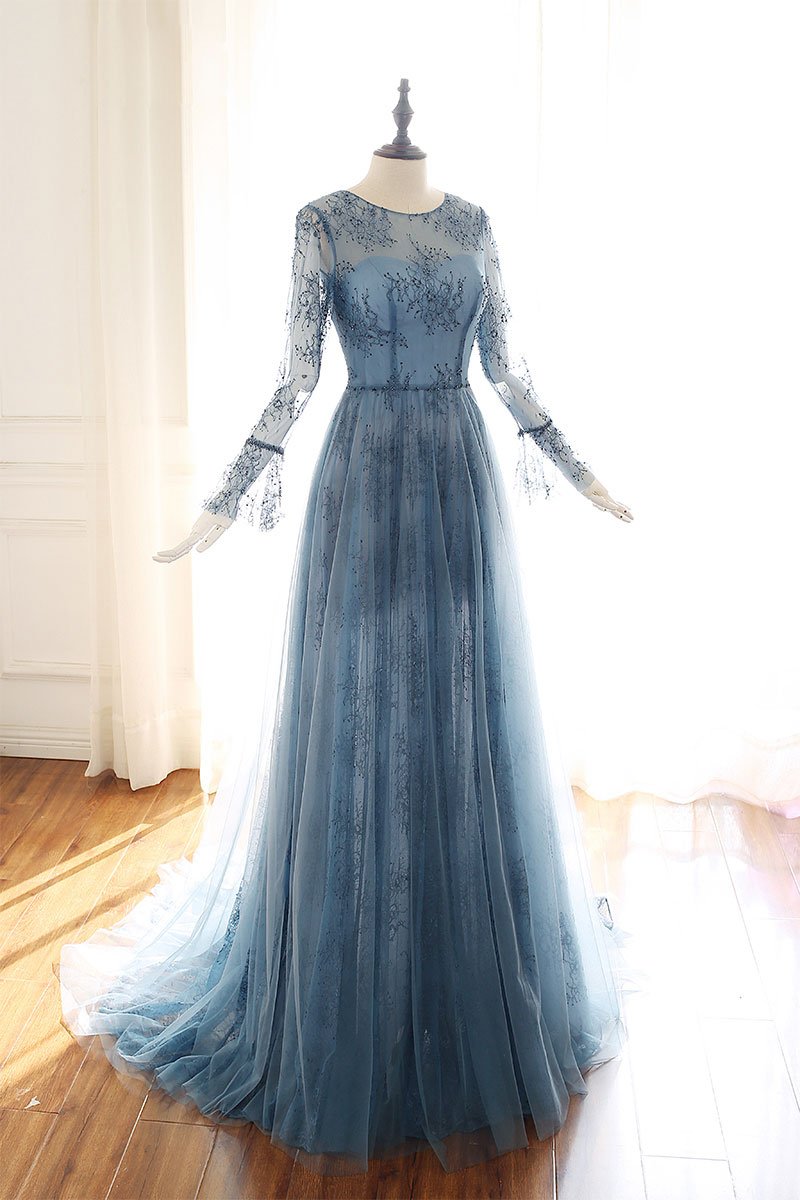 Blue tulle lace Long sleeve prom dress, blue bridesmaid dress cg1602