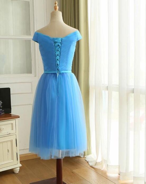 Short Homecoming Dresses Blue Off Shoulder Tulle Short Blue Bridesmaid Dress Party Dress   cg16076