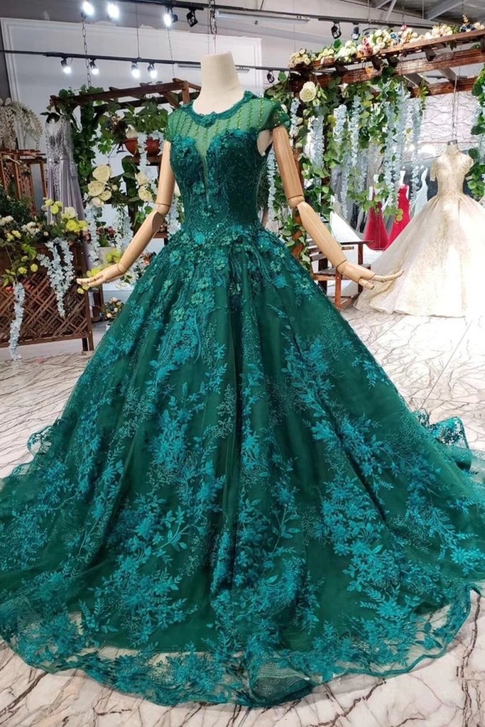 Cap Sleeves Round Neck Open Back Green Lace Prom Dress    cg16147