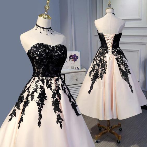 Tea Length Champagne and Black Lace Wedding Party Gown Formal homecoming dress  cg1616
