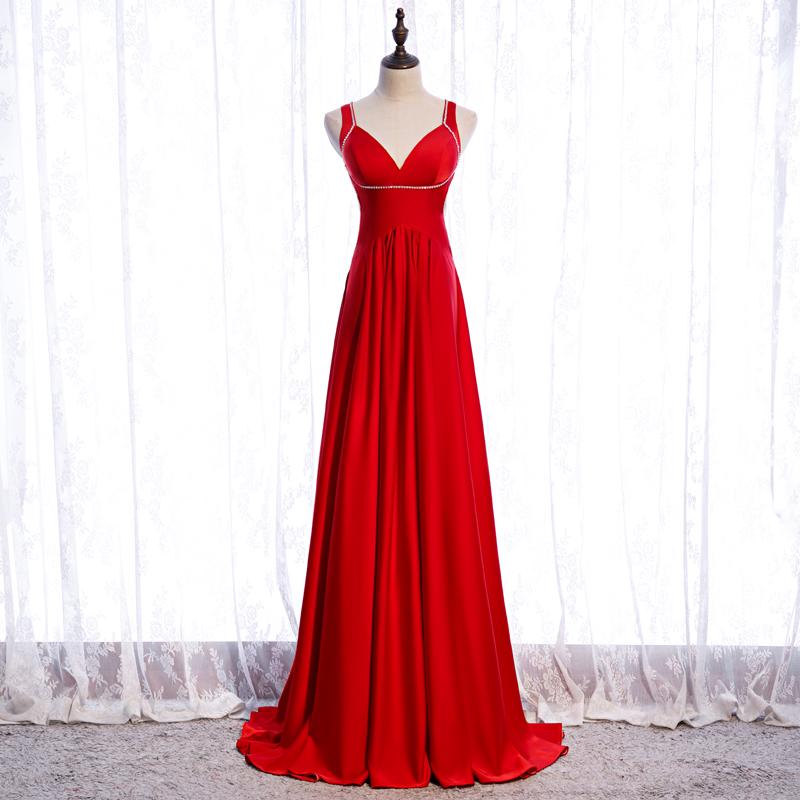 Chic Red Satin Beaded Floor Length Long Party Dress, Red Formal Dress 2021 Prom Dresses Bridesmaid Dress   cg16389