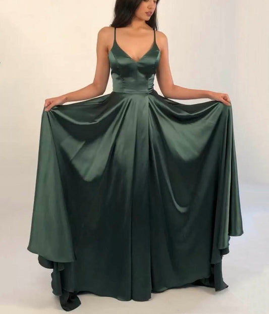 GREEN SPAGHETTI STRAPS V NECK SATIN EVENING PROM DRESSES   cg16393