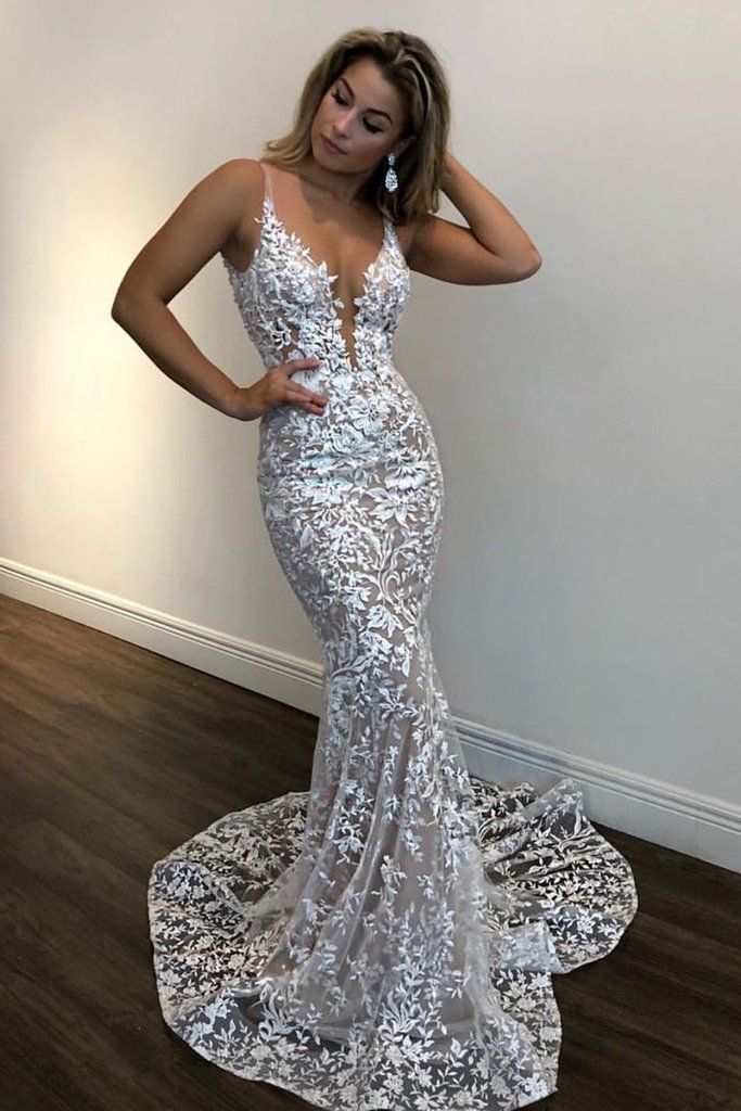 Deep V Neck Mermaid Champagne Lace Prom Dress, Mermaid Champagne Formal Dress   cg16398