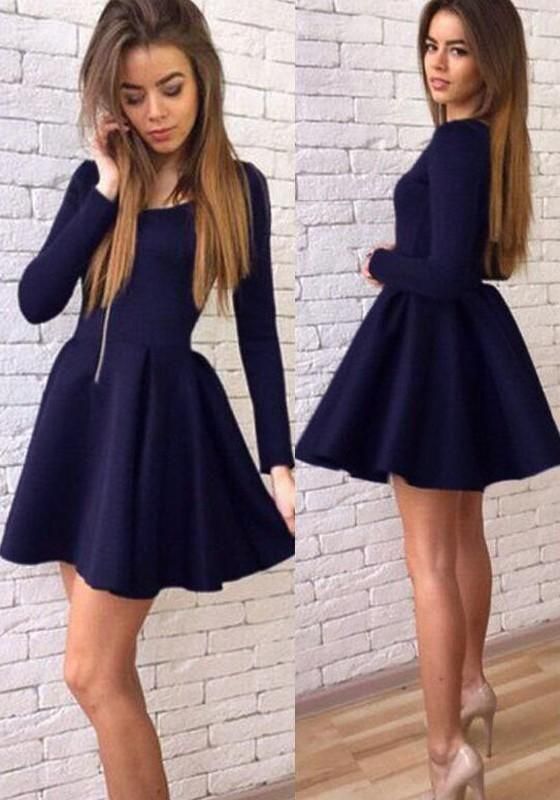 Cheap Navy Blue Long Sleeves Modest Mini Short homecoming Dress  cg1672