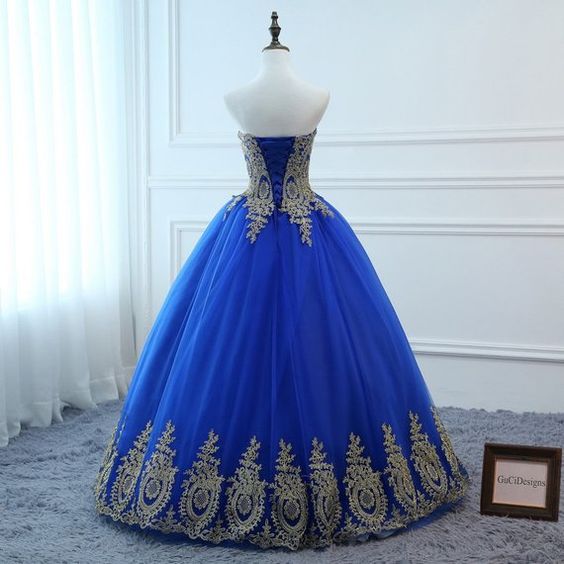 Blue Dress Long A-line Gold Applique Lace Dress Tulle Sexy Backless Women Formal Prom Dresses   cg16758