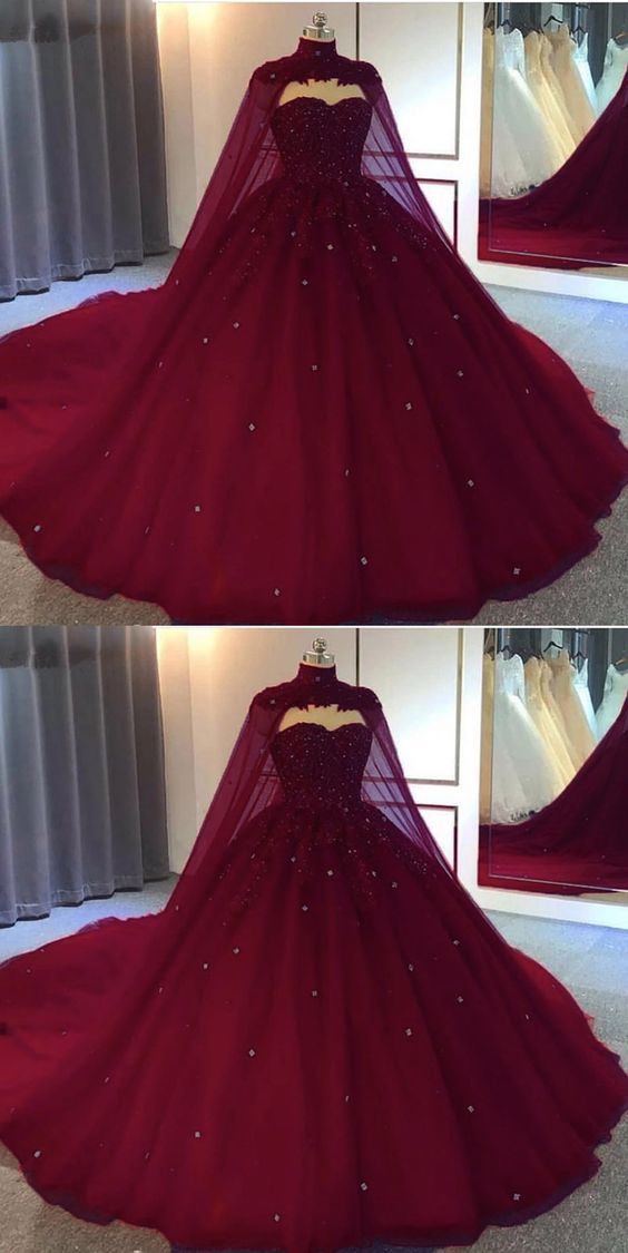 burgundy ball gown wedding dressTulle Prom Dresses    cg16776