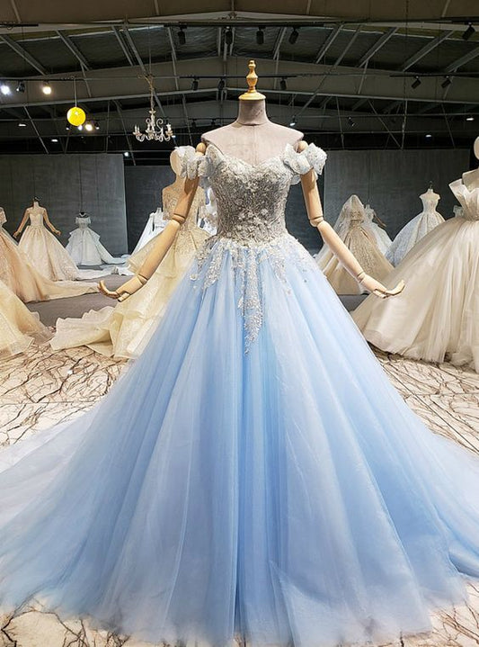 Sky Blue Tulle Off the Shoulder Beading Sequins Wedding Dress Prom Dress    cg16791