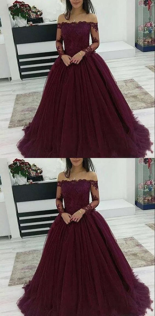Burgundy Prom Dresses Off The Shoulder Lace Applique Long Sleeves Tulle Evening Dress    cg16824
