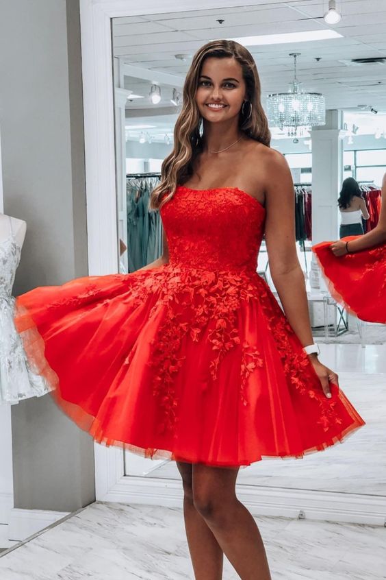 princess red lace appliqued short party dress for homecoming or sweet 16   cg16849