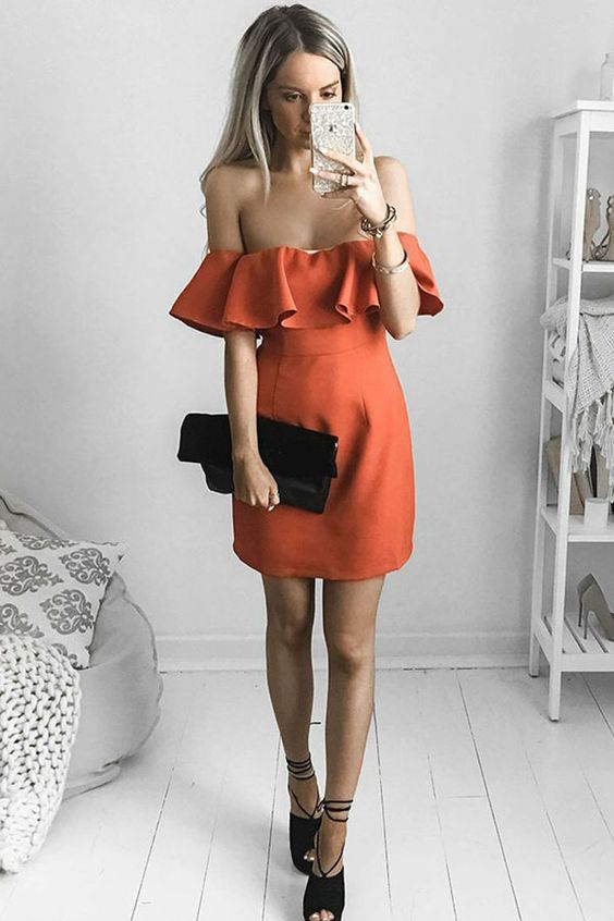 A-Line Off-the-Shoulder Short Party Dress, Orange Satin Homecoming Dress with Ruffles cg1686