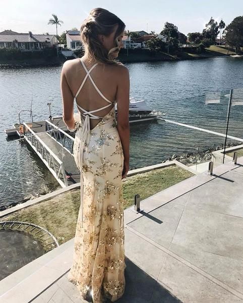 Gold Sequin Mermaid Backless V-Neck Prom Dresses cg1693