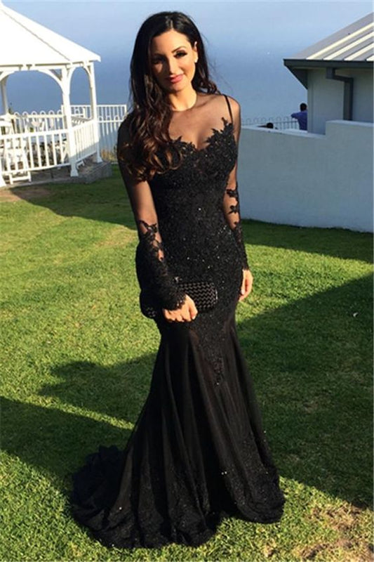 Prom Dresses,Long-Sleeve Tulle Black Applique Mermaid Sexy Evening Dresses  cg1700