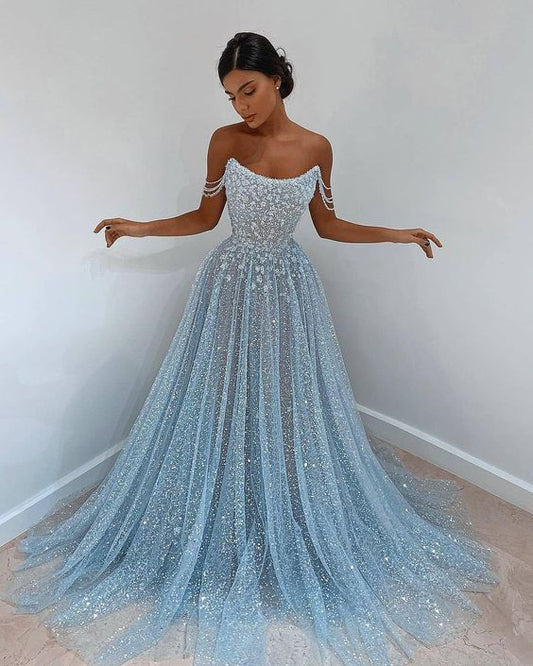 Blue tulle long prom dress, blue tulle evening dress    cg17031