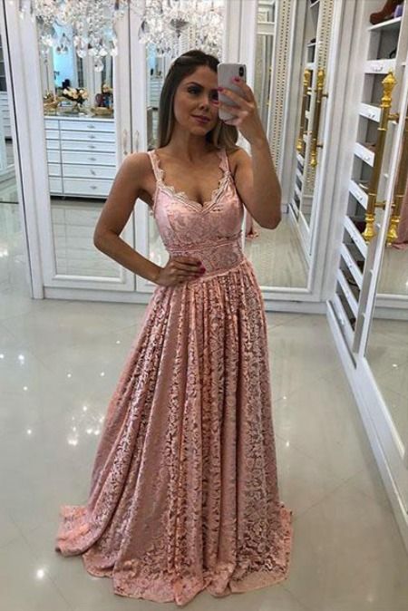 Long Pink Lace Prom Dress    cg17099