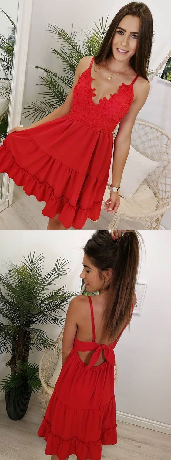 Princess Cute Mini Red  Dress, Sexy Red Cocktail Dress with Straps cg1716
