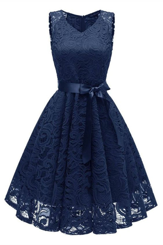 short navy blue lace dress with sash Homecoming Dresses    cg17325