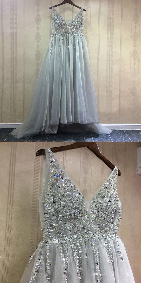 Modern A-Line V-Neck Silver Beading Long Prom Dresses.See Through Spaghetti Straps Prom Dresses cg1745