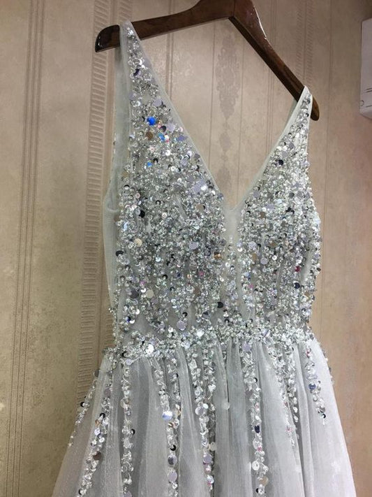 Modern A-Line V-Neck Silver Beading Long Prom Dresses.See Through Spaghetti Straps Prom Dresses cg1745