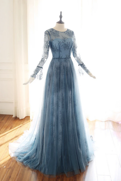 Blue tulle lace Long sleeve prom dress, blue bridesmaid dress   cg17536