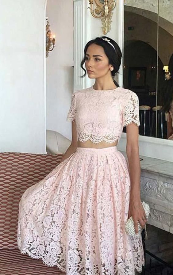 Pink lace Short Homecoming Dress     cg17613