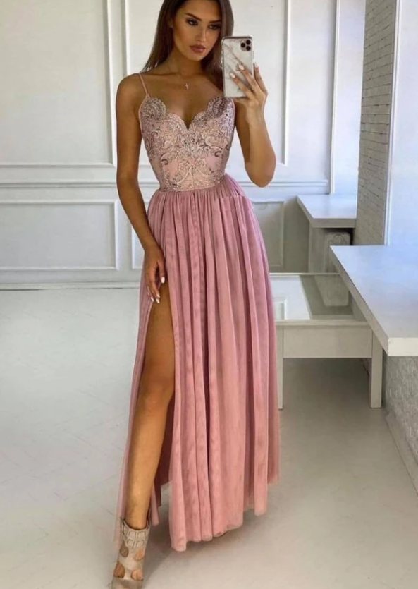 PINK V NECK LACE LONG PROM DRESS PINK BRIDESMAID DRESS   cg17660