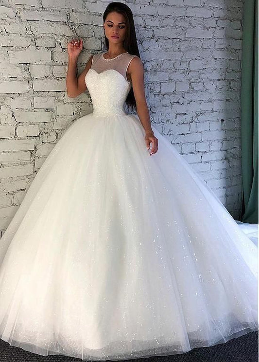 Boho Prom Dress, Shining Sequin Tulle Jewel Neckline Ball Gown Wedding Dress With Beadings    cg17735