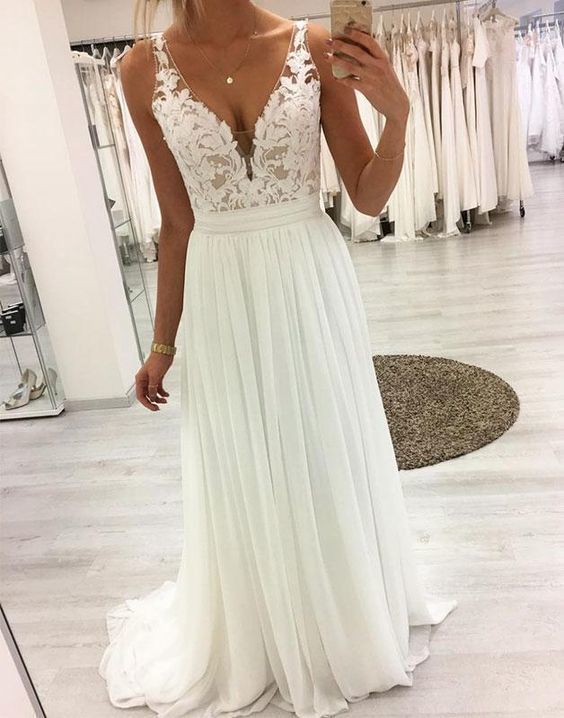 White v neck lace chiffon long prom dress, white lace evening dress cg1777