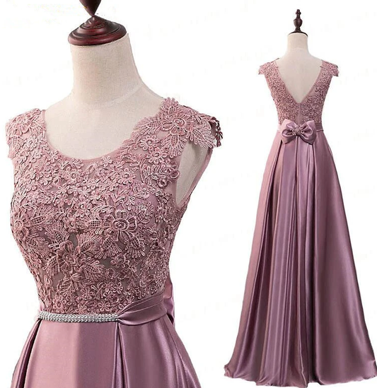 Pink Satin With Lace Applique Long Bridesmaid Dress, Pink A-Line Simple Prom Dress   cg17770