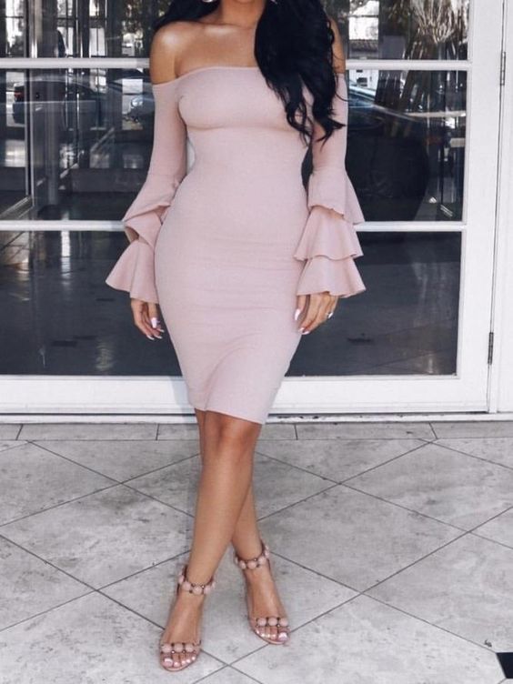 Sexy Off Shoulder Trumpet Sleeve Solid Color Bodycon Mini homecoming Dress cg1782