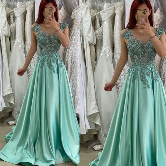 green prom dresses 2021 v neck lace appliques beading pearls satin sexy evening dresses gowns   cg17859