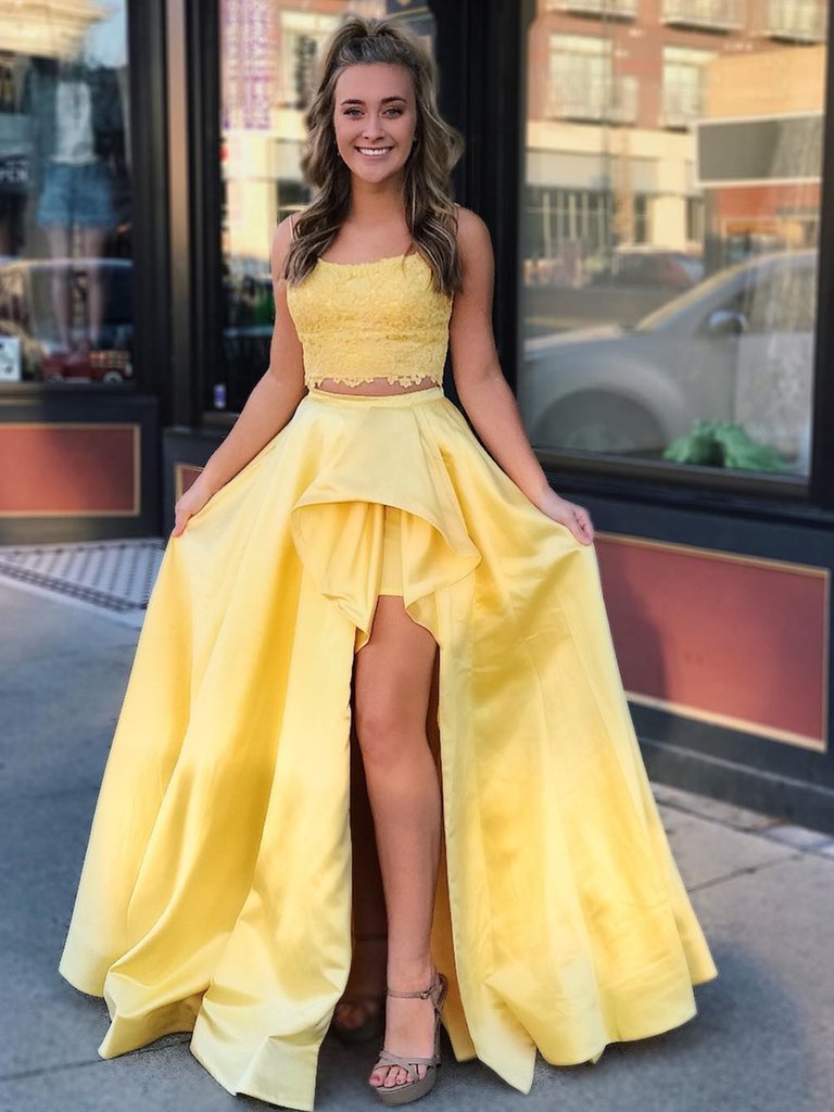 2 Pieces High Low Yellow Lace Prom Dresses, 2 Pieces Yellow Lace Formal Graduation Evening Dresses cg1786